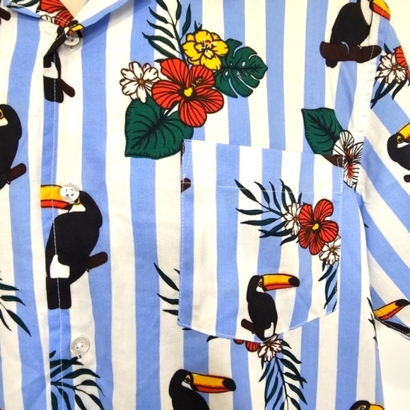 VSTR Toucan Play At That Game Tropical Floral Stripe Print Button Down Size L - Picture 8 of 16